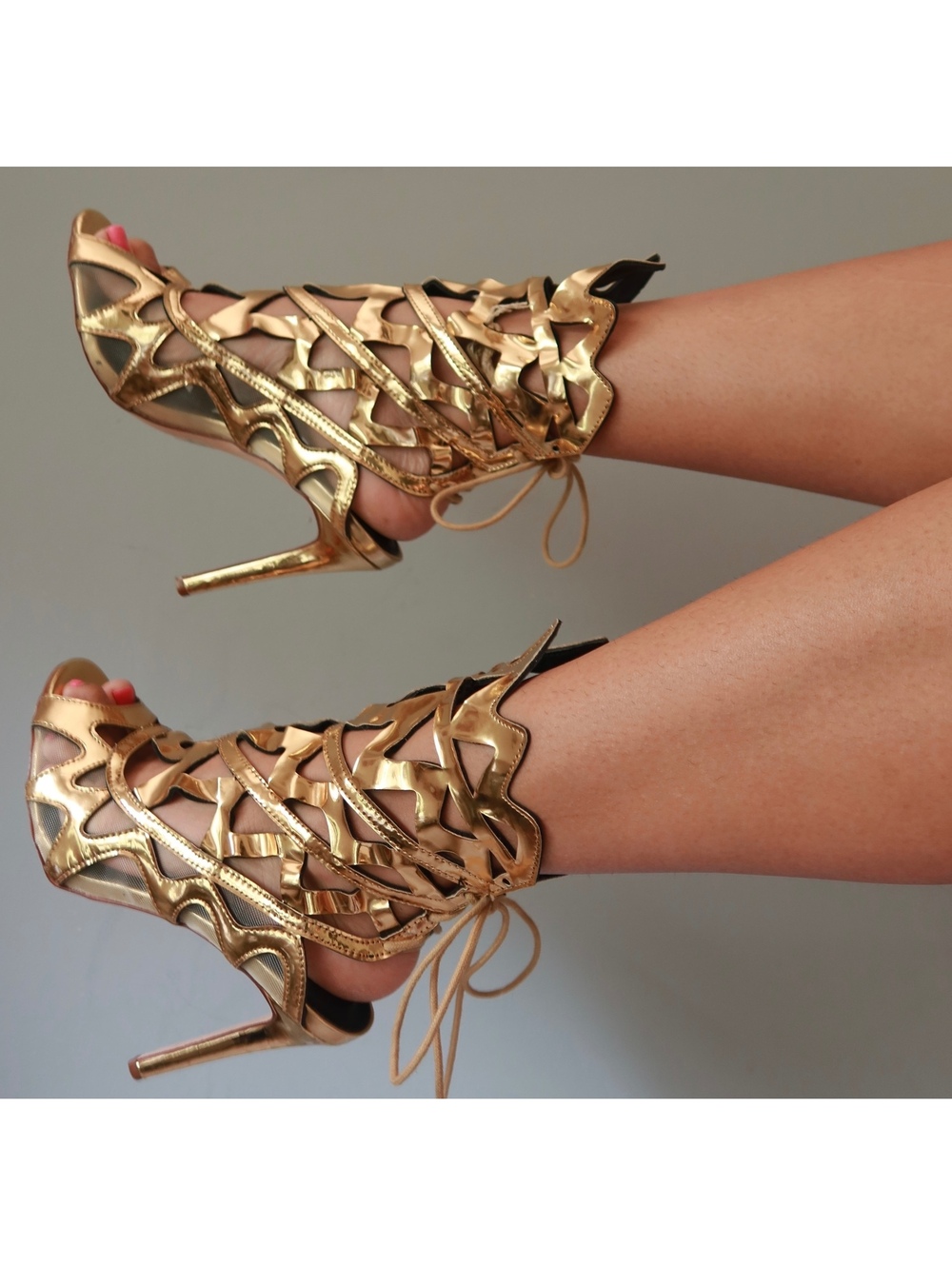 Gold Metallic Gladiator Lace Up Stiletto Sandals Heels